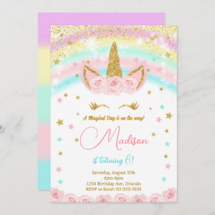 Invitation Parties scintillant Rainbow Unicorn Anniversaire d