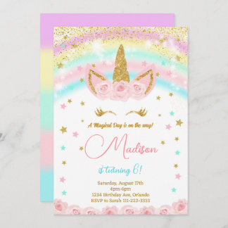 Invitation Parties scintillant Rainbow Unicorn Anniversaire d
