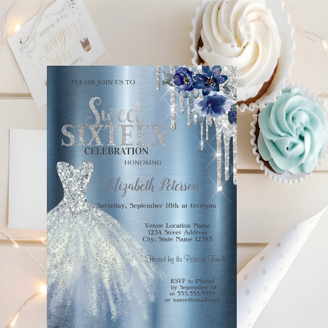 Invitation Parties scintillant, Robe Bleue Fleurs Métallic Sw (Créateur téléchargé)