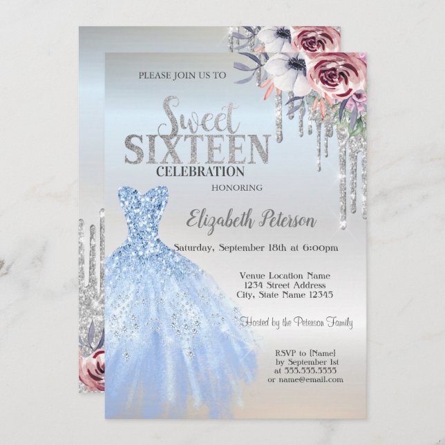 Invitation Parties scintillant, Robe Bleue Fleurs Silver Swee (Devant / Derrière)