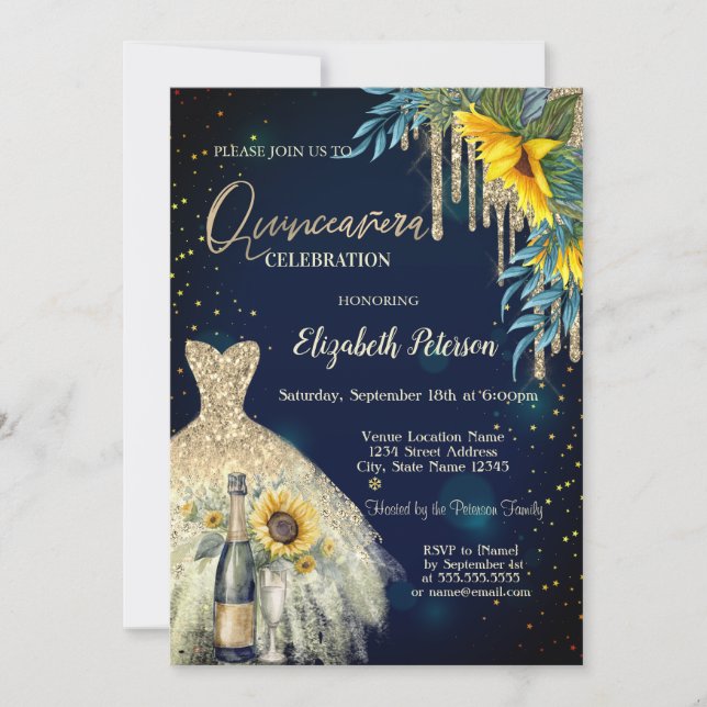 Invitation Parties scintillant, Robe, Fleurs de soleil Quince (Devant)