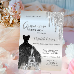 Invitation Parties scintillant, Robe Noire, Eiffel Quinceañer