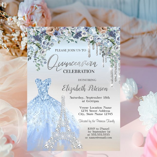 Invitation Parties scintillant, Robe, Tour Eiffel Fleurs Bleu (Créateur téléchargé)