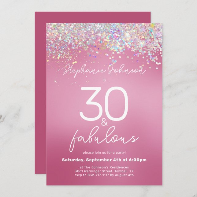 Invitation Parties scintillant rose 30 et Fabulous 30th Birth (Devant / Derrière)