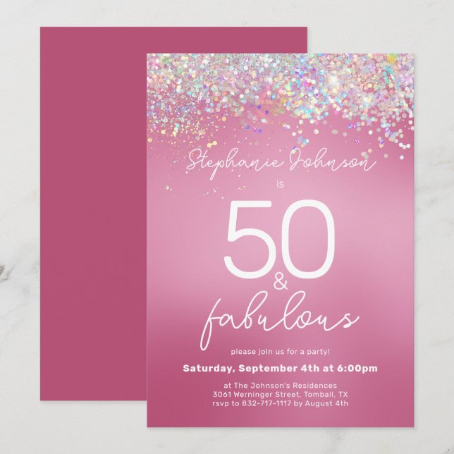 Invitation Parties scintillant rose 50 et Fabulous 50th Birth (Devant / Derrière)