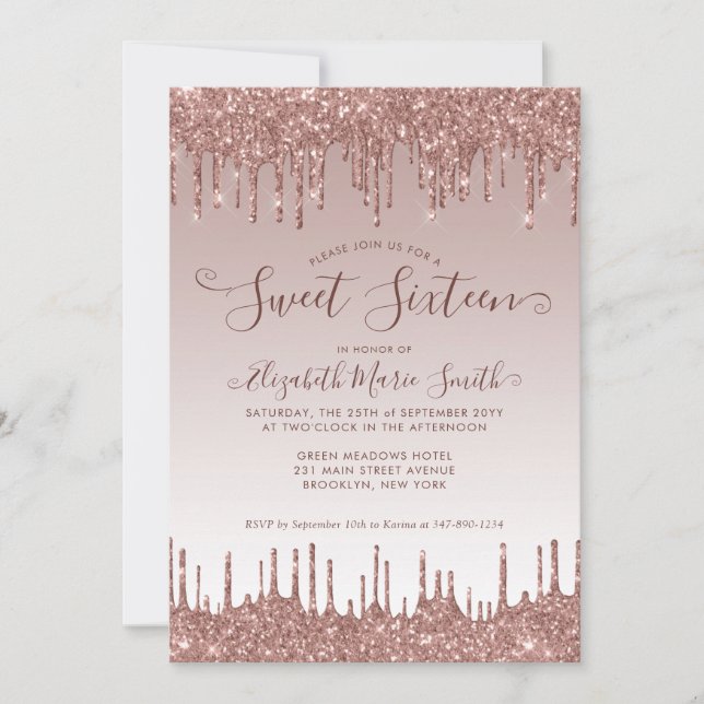 Invitation Parties scintillant rose à goutte d'or Glam Sweet  (Devant)