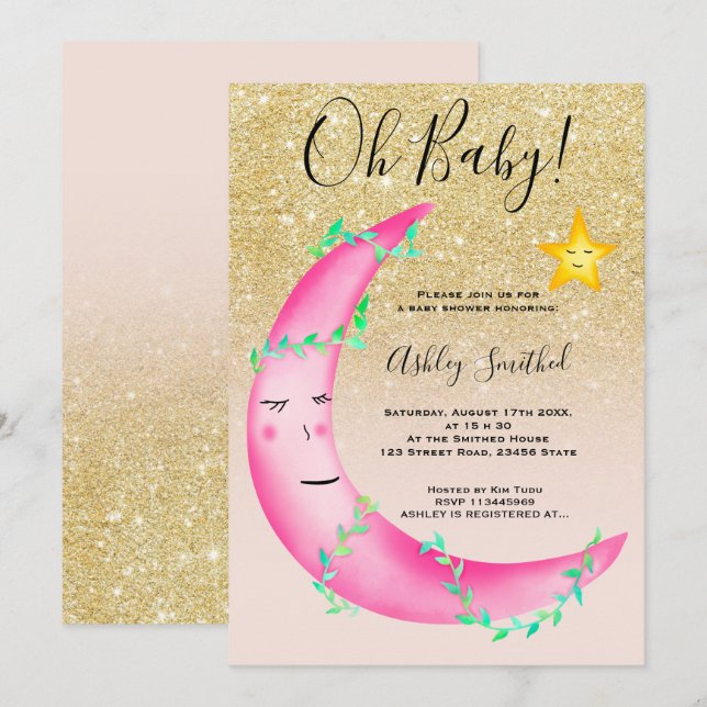 Invitation Parties scintillant rose aquarelle étoiles lune ba (Devant / Derrière)