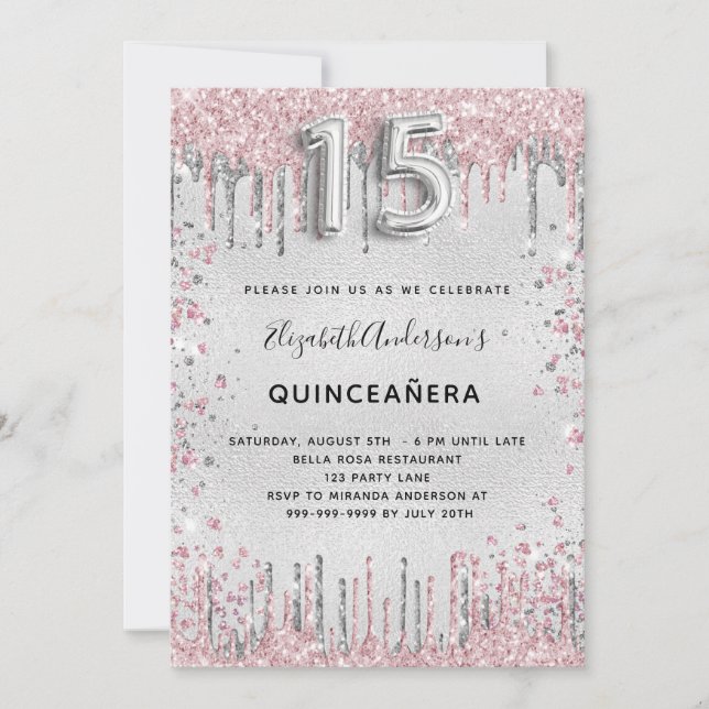 Invitation Parties scintillant rose argent Quinceanera (Devant)