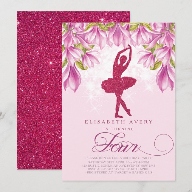 Invitation Parties scintillant rose Ballerina Anniversaire (Devant / Derrière)