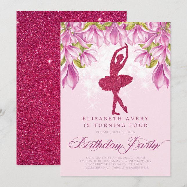 Invitation Parties scintillant rose Ballerina Anniversaire (Devant / Derrière)