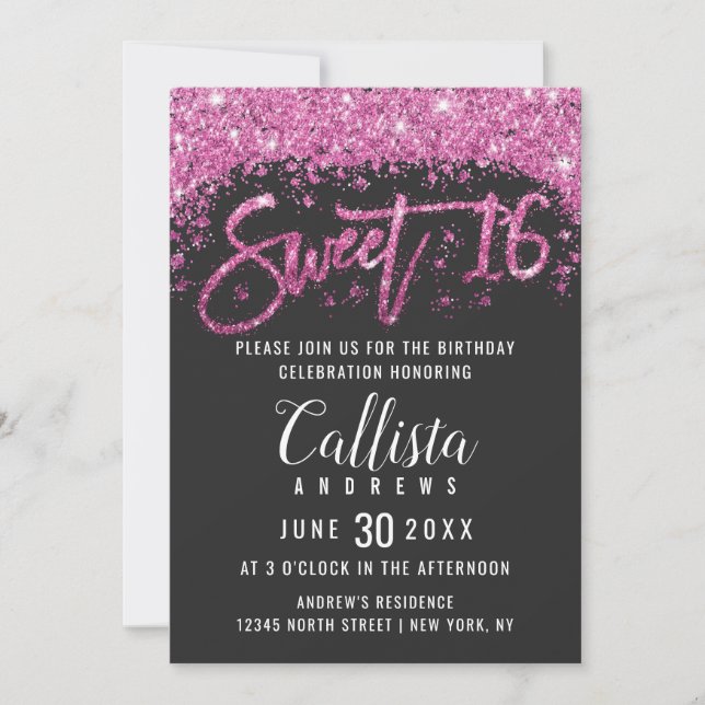 Invitation Parties scintillant rose brillant noir moderne Pou (Devant)