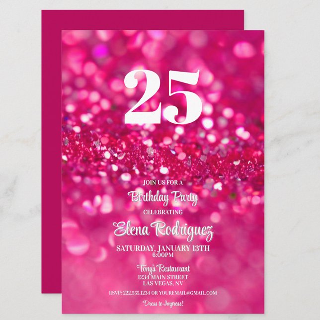 Invitation Parties scintillant rose chaud Glam 25e anniversai (Hot Pink Glitter Glam 25th Birthday Party Invitation, Girly Chic Invite, Trendy, Feminine)