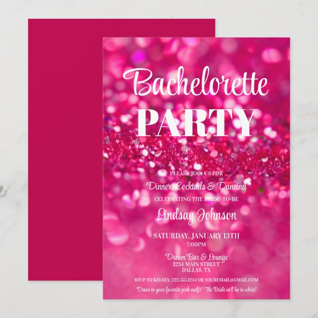 Invitation Parties scintillant rose chaud Glam Bachelorette P (Devant / Derrière)