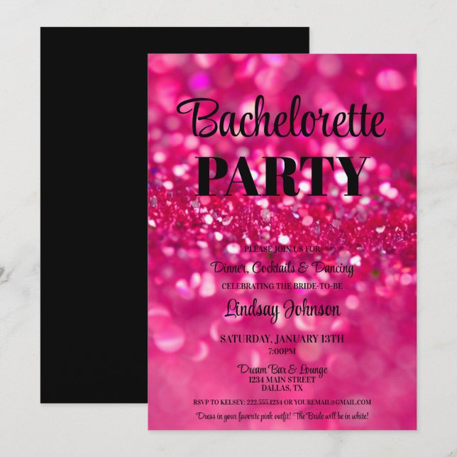 Invitation Parties scintillant rose chaud Glam Bachelorette P (Devant / Derrière)