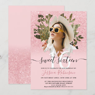 Invitation parties scintillant rose chic ombre photo florale 
