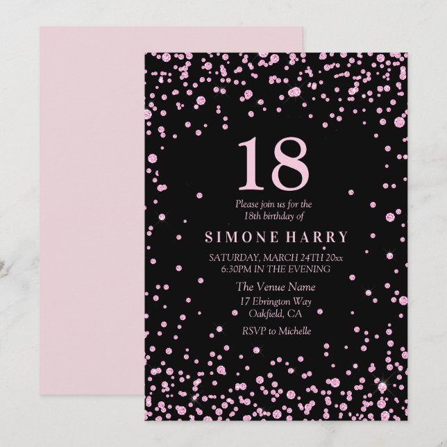 Invitation Parties scintillant rose Confetti 18e anniversaire (Devant / Derrière)