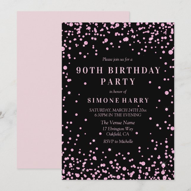 Invitation Parties scintillant rose Confetti 90e anniversaire (Devant / Derrière)