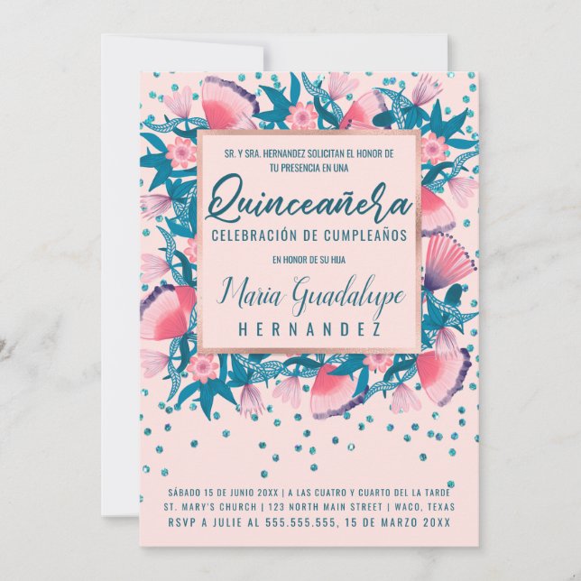 Invitation Parties scintillant rose Confetti Floral Español Q (Devant)