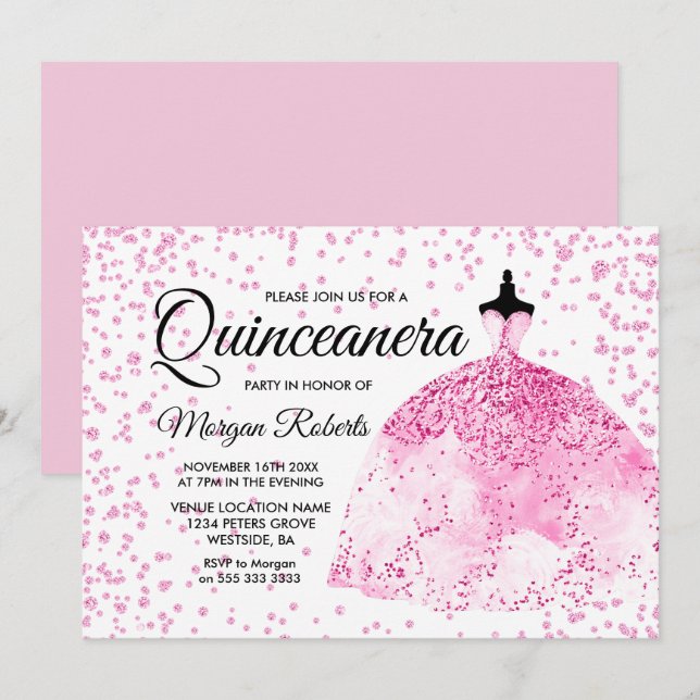 Invitation Parties scintillant rose Confetti robe Quinceanera (Devant / Derrière)