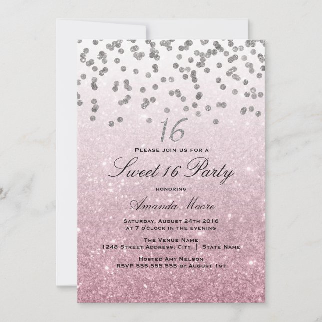 Invitation Parties scintillant rose Confetti Sweet 16 Invitat (Devant)