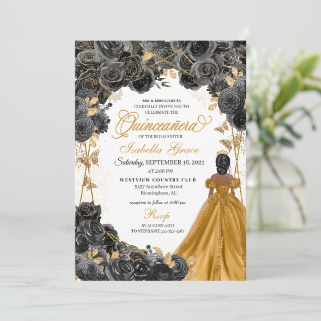 Invitation Parties scintillant Rose de papillon noir or Quinc (Debout devant)