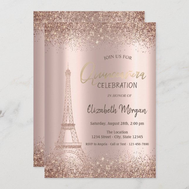 Invitation Parties scintillant rose d'or Eiffel Confetti Quin (Devant / Derrière)