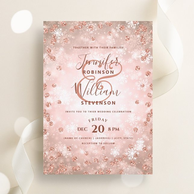 Invitation Parties scintillant Rose d'or festive Élégant Mari (Festive Rose Gold Glitter Elegant Winter Wedding Invitation)