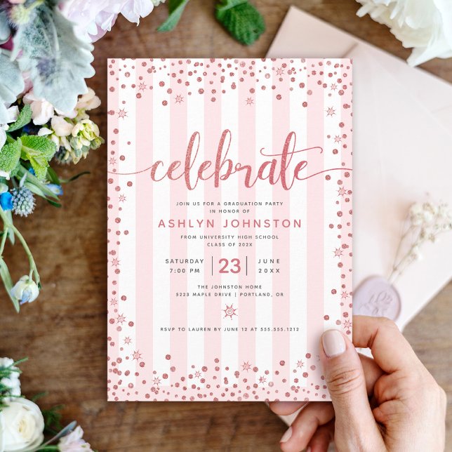 Invitation Parties scintillant rose d'or moderne stripes grad (Créateur téléchargé)