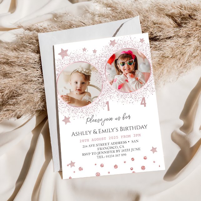 Invitation Parties scintillant rose Double Anniversaire Enfan (Créateur téléchargé)