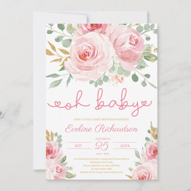 Invitation Parties scintillant rose douce et or  oh baby show (Devant)