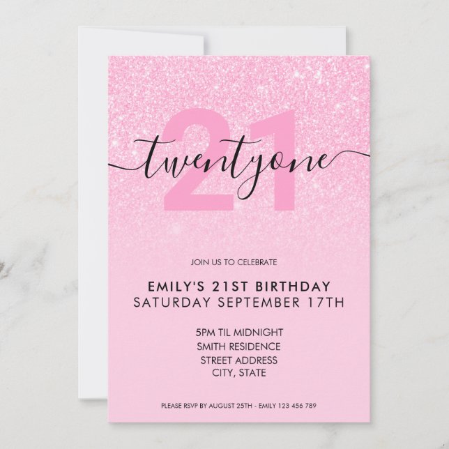 Invitation Parties scintillant rose élégant moderne 21e anniv (Devant)