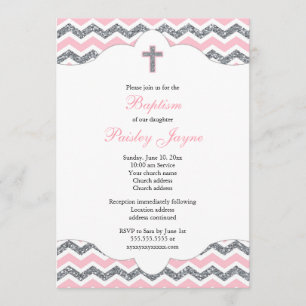 Invitation Parties scintillant rose et argent Fille Baptême C