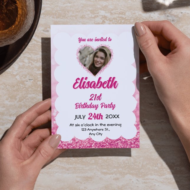 Invitation Parties scintillant rose et blanc 15e anniversaire (Pink & White Glitter 15th Birthday Photo Invitations - Festive & Feminine Quinceañera/Sweet 15 Party)