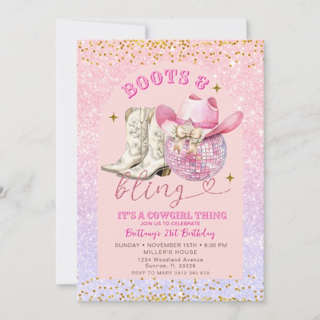 Invitation Parties scintillant rose et bottes en or et bling  (Devant)