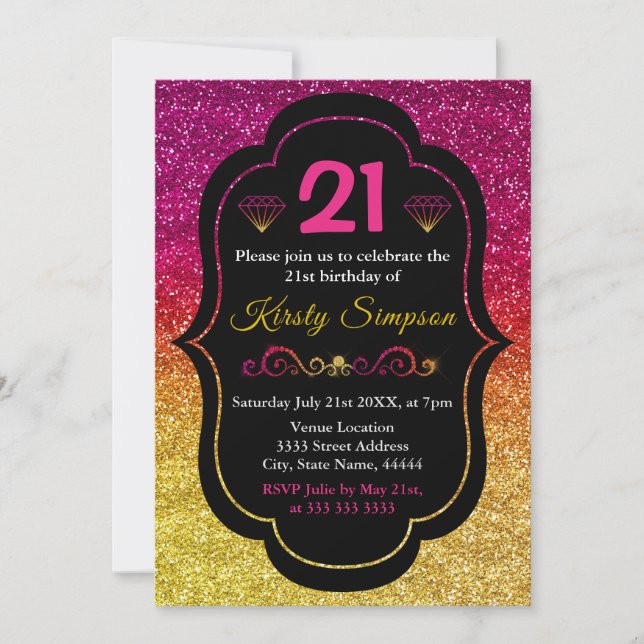 Invitation Parties scintillant rose et jaune brillant Anniver (Devant)