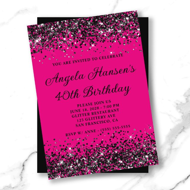 Invitation Parties scintillant rose et noir chaud 40e anniver (Hot Pink and Black Glitter 40th Birthday Invitation)