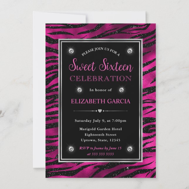 Invitation Parties scintillant rose et noir Tiger rayures Swe (Devant)