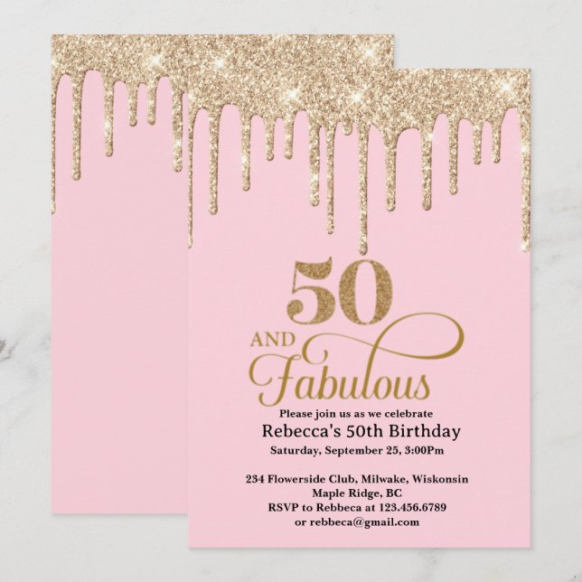 Invitation Parties scintillant rose et or 50e anniversaire In (Devant / Derrière)