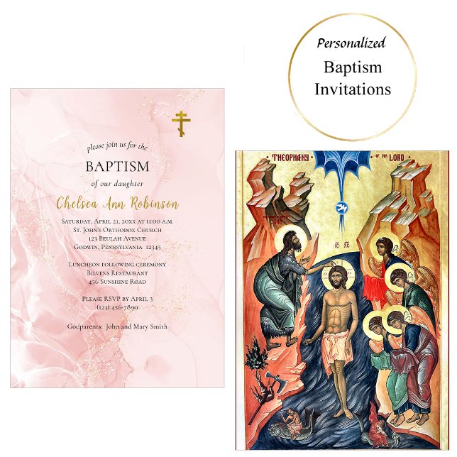 Invitation Parties scintillant rose et or Baptême orthodoxe (Créateur téléchargé)