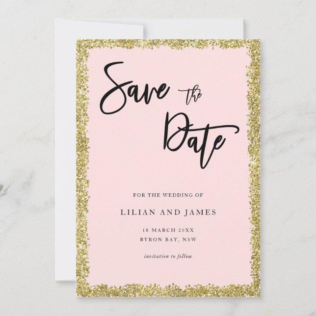 Invitation Parties scintillant rose et or Enregistrer la date (Devant)