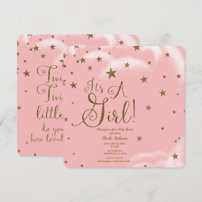 Invitation Parties scintillant rose et or étoiles C'est un Ba (Devant / Derrière)
