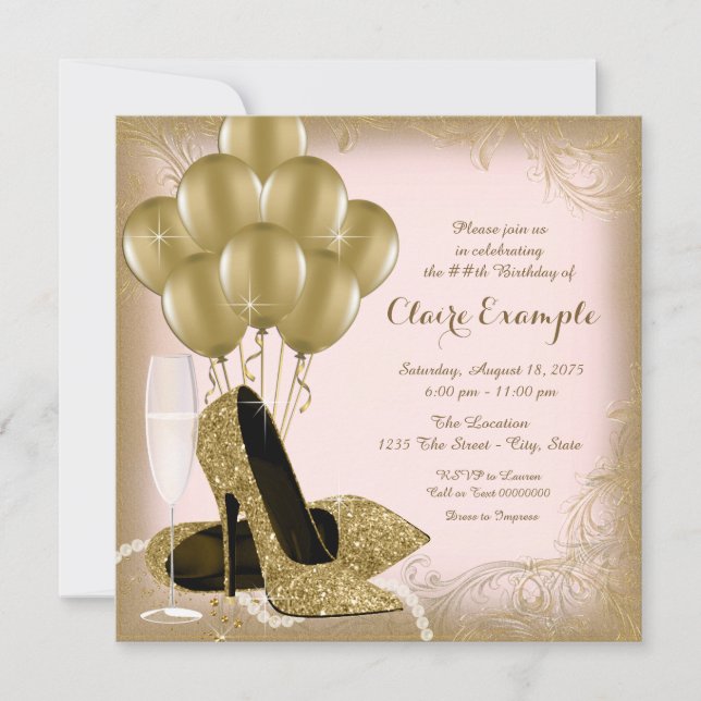 Invitation Parties scintillant rose et or femmes fête d'anniv (Devant)