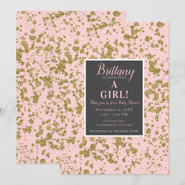 Invitation Parties scintillant rose et or Glam Girl Baby show (Devant / Derrière)