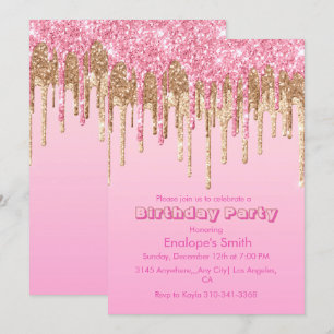 Invitation Parties scintillant rose et or gouttes Anniversair