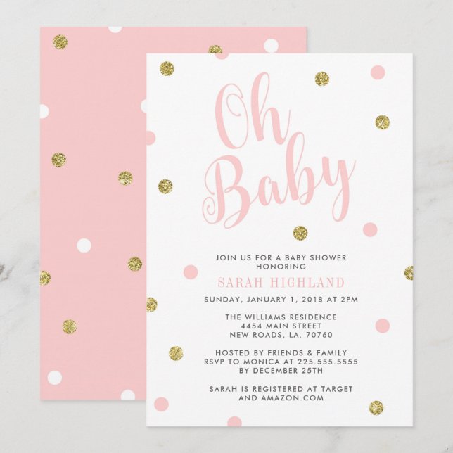 Invitation Parties scintillant rose et or Oh Baby shower (Devant / Derrière)