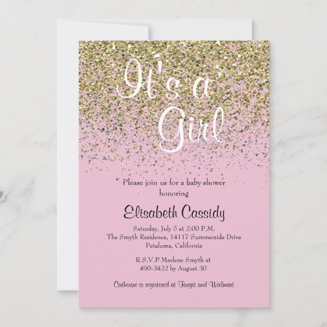Invitation Parties scintillant rose et or  saupoudrage Baby s (Devant)