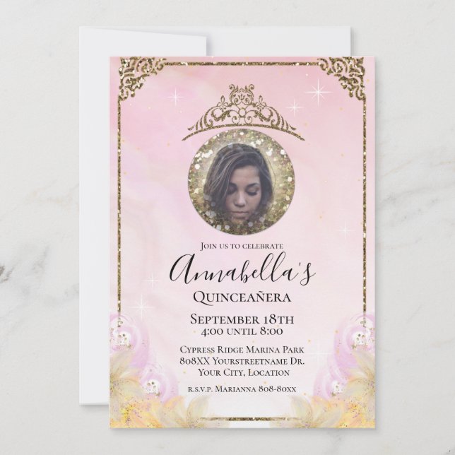 Invitation Parties scintillant rose et or Tiara Quinceañera P (Devant)