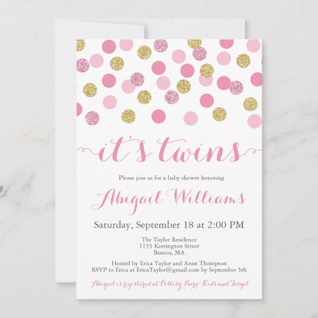 Invitation Parties scintillant rose et or Twins Baby shower I (Devant)