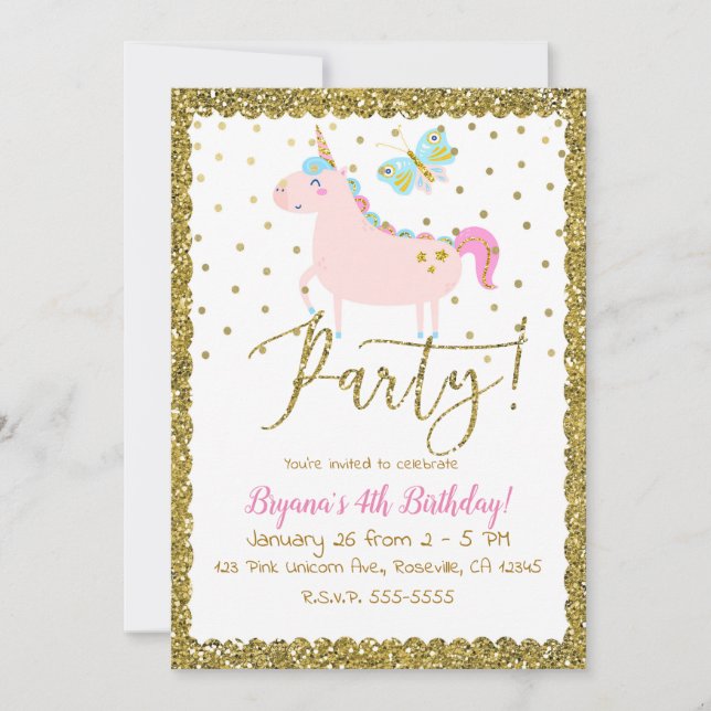 Invitation Parties scintillant rose et or Unicorn Girls Birth (Devant)