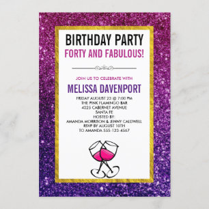 Invitation Parties scintillant rose et pourpre 40e fête d'ann